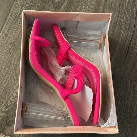 Cape Robbin Pink Macaroon Strappy Neon Stretch Clear Lucite High Heel Sandals - Picture 9 of 11